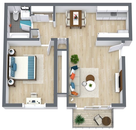 A top-down view of a living room, kitchen, and dining area.